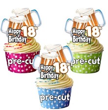 18th Birthday Beer Pint Glass  Precut Edible Cupcake Toppers Cake Decorations