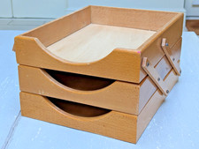 Vintage MCM Wooden 3 Tier Concertina Letter Paper Tray Storage Office Desk Art