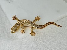 Vintage 1980s Gold Plated Lizard Reptile Brooch 7cm Made with Swarovski Crystals