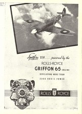 Original 1944 Rolls-Royce GRIFFON 65 Aero Engine Advert SPITFIRE Mk.XIV Print Ad
