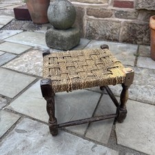 Lovely Small Vintage Woven Wicker  Wood Stool Wooden Footstool PLEASE SEE INFO