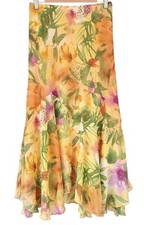 PER UNA Yellow Midi Skirt - Size 18L Floral Godet Chiffon Lined Floaty Full Tall