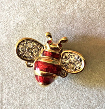 NOS Cabouchon Bee Pin Red Enamel with Crystals - 18K Gold Plated Lapel Brooch
