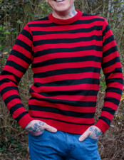 MENS NEW run & fly retro emo indie vintage  style black & red striped jumper 