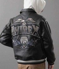 Men’s AVIREX  Aviator’s King Black Leather Jacket Cowhide Leather Eagle Black