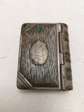 Antique Silver Tone Book-Shaped Metal Vesta Case with Hinged Lid