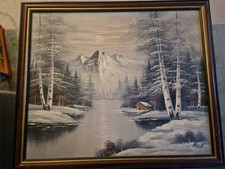 Vintage Oil Painting Sign by An Artist Called Barry In The Snow Winter Scene A3
