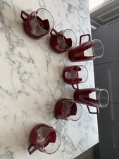 Retro JAJ Pyrex Drink-Up Tall Cup x 2, small x 5 with Burgundy Coloured Holder