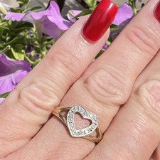 9ct Solid Yellow Gold Diamond Ring Heart Shape Hallmark 375 9K 2g UK Size O 1/2