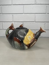 Antique Majolica Fish Eating Fish Teapot Circa 19th Century Pottery Whimsical