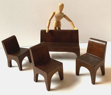 VINTAGE DOLLS HOUSE WOODEN CHAIRS SOFA BENCH CARVED WOOD MINIATURE FURNITURE SET