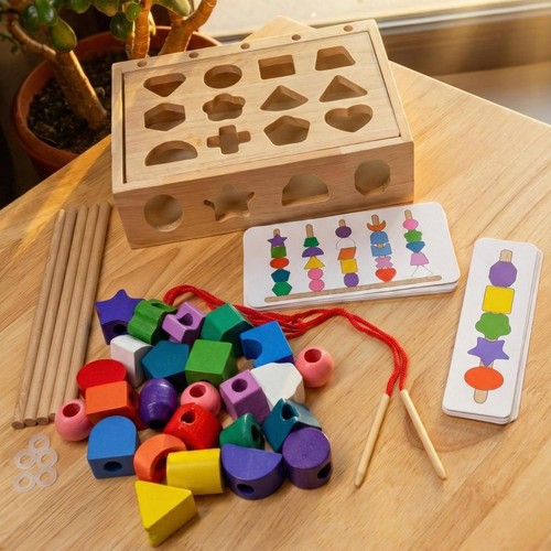 Wooden threaded beads shapes - wooden,