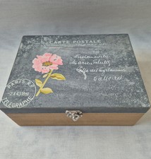 Wooden Jewellery Box Grey Post Card From Paris Design With Lid & Latch 6×8" VGC