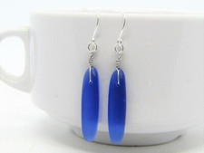 Long Frosted Cobalt Blue Sea Glass, Silver French Hook Earrings