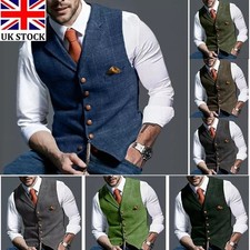 Mens Vest Herringbone Tweed Waistcoat Vintage Formal Notch Lapel Gentleman Vest