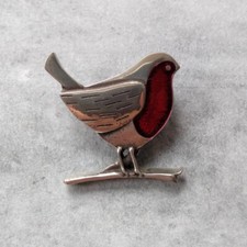 St Justin Pewter Red Enamel Robin Bird Brooch PB875 UK Made