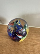 Vintage Round Art Glass Paperweight with Fish&Blue Coral Underwater Scene
