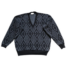 Pierre Sangan Jumper Mens XL Wool Black Grey Argyle Diamond Golf Preppy 80s