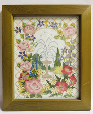 Vintage Cross Stitch Petit Point Tapestry Floral Garden Roses Framed 12'' x 10"