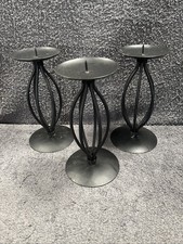 3 Matching Wrought Iron look Metal Candle Stick Holders (Church) Black - 7.25"