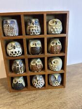 Vintage Owl Figurines Hand Painted Ceramic Set of 12 1.5" Figures Display Box