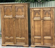 FINE PAIR OAK ARTS & CRAFTS 2 DOOR WARDROBES  2 MAN DELIVERY