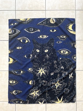 Dark Blue Mystical Black Cat Wall Tapestry Hippie Moon Stars