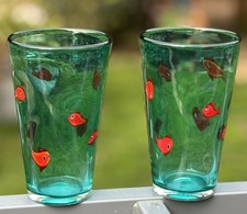 2xCrate & Barrel Go Fish Koi Goldfish Blue Glass Tumbler 16 oz 6” Heavy No Chips