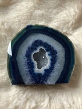 Blue Crystal Band Geode Agate Rock Paperweight Cut Polished Slice 3.5 tall