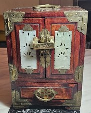 Antique Chinese Jewelry Box-Carved Pale Green Jade Stone-Dovetailed Wood + Lock