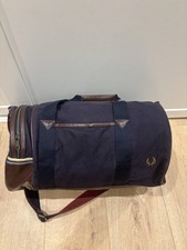 FRED PERRY Bradley Wiggins Barrel Holdall Bag Duffle: Blue Canvas Brn Faux Leath