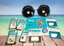 2 vintage Winfield Japan  3-3/4" Woolworths Trout fly reels & flies & papers