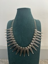 Collar Length Silver Toned Feather Fringe Bib Necklace Bohemian