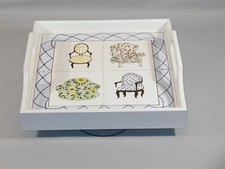 White Wooden Serving Tray 13x13 x3 1/2  Hand Painted Tiles  Multi Colored Chairs