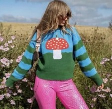 Zara Blue Green Retro Mushroom Toadstool Fungi Oversized Jumper 90s S 8 10 12