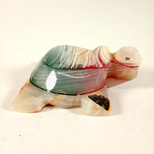 Onyx Hand Carved Turtle Figure Sculpture Natural Stone White Red Green - 8cm