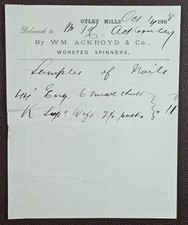 1908 Wm. Ackroyd & Co Worsted Spinners Otley Mills Delivery Note