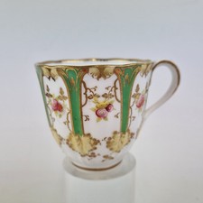 Antique 19thC Coffee Cup Green & Gilt With Floral Panels 6.5cm High