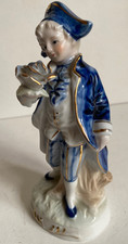 Victorian Boy with tricorn hat holding rose. Blue White & Gold Vintage Figurine