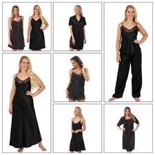 Ladies Sexy Black Long Satin Chemise PJs Pyjamas Set Nightdress Slip PLUS SIZE