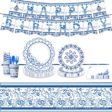 Chinese Style Celadon Theme Birthday Party Tableware Set Paper Plate Tissues