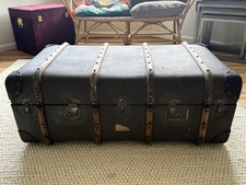 Vintage Travel Chest Ottoman Navy grey Coffee Table Storage Antique Trunk chest