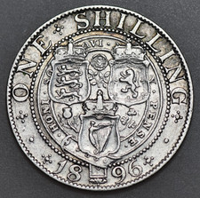 1896  VICTORIA OLD HEAD SHILLING, LARGE ROSE, BRITISH SILVER COIN, VF/GVF
