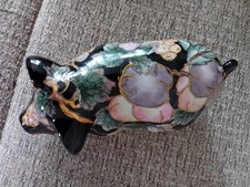 Vintage floral fruit decoupage lying down pig collectable