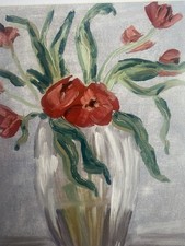 Red tulips in glass vase print