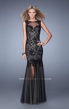 NWT 8 Black La Femme style # 21365 Black/ Nude Lace Mermaid Formal Prom Dress