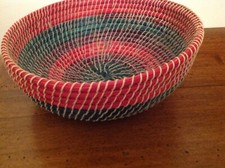 African Basket/Bowl Blue & Red Colour Recycled Materials Vintage in VGC