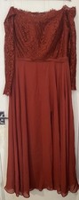 JJs House - Burnt Orange Lace Off The Shoulder, Split Bridesmaid Dress -UK 16-18