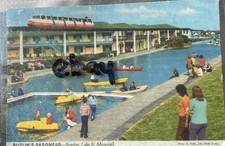 BUTLINS SKEGNESS POSTCARD USED 1948 OF MONO RAIL & BOATING LAKE CAMPERS ETC WAF