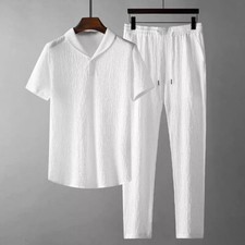 Summer Men's 2pc Cotton Short Sleeve Casual Shirt & Pants Set Linen Walking Suit